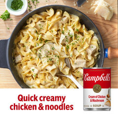 Close-up of Campbell's Cream of Chicken and Mushroom Soup label, highlighting antibiotic-free chicken stock