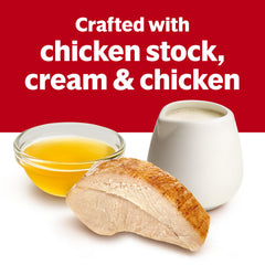 Ready-to-serve Campbell's Cream of Chicken Soup, garnished with herbs.