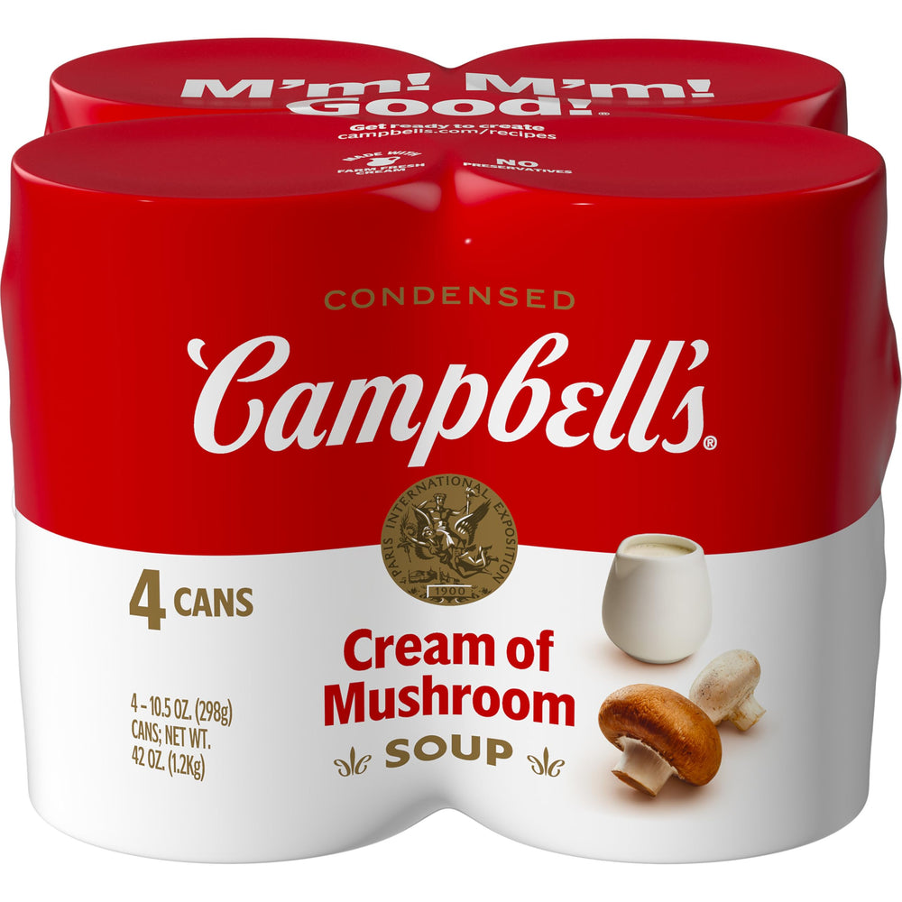 Campbell's Cream of Mushroom Soup 4-pack cans visible for pantry versatility.