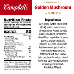 Ingredients of Campbell's Golden Mushroom Soup highlight mushrooms and stock for depth
