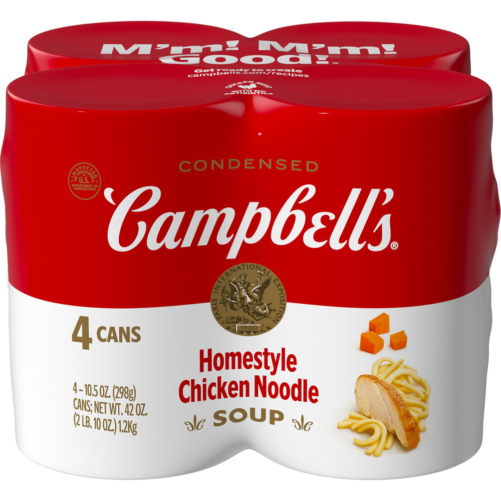 Campbell's Homestyle Chicken Noodle Soup can 4-pack on pantry shelf for quick weeknight dinners.