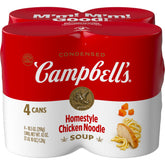 Campbell's Homestyle Chicken Noodle Soup can 4-pack on pantry shelf for quick weeknight dinners.