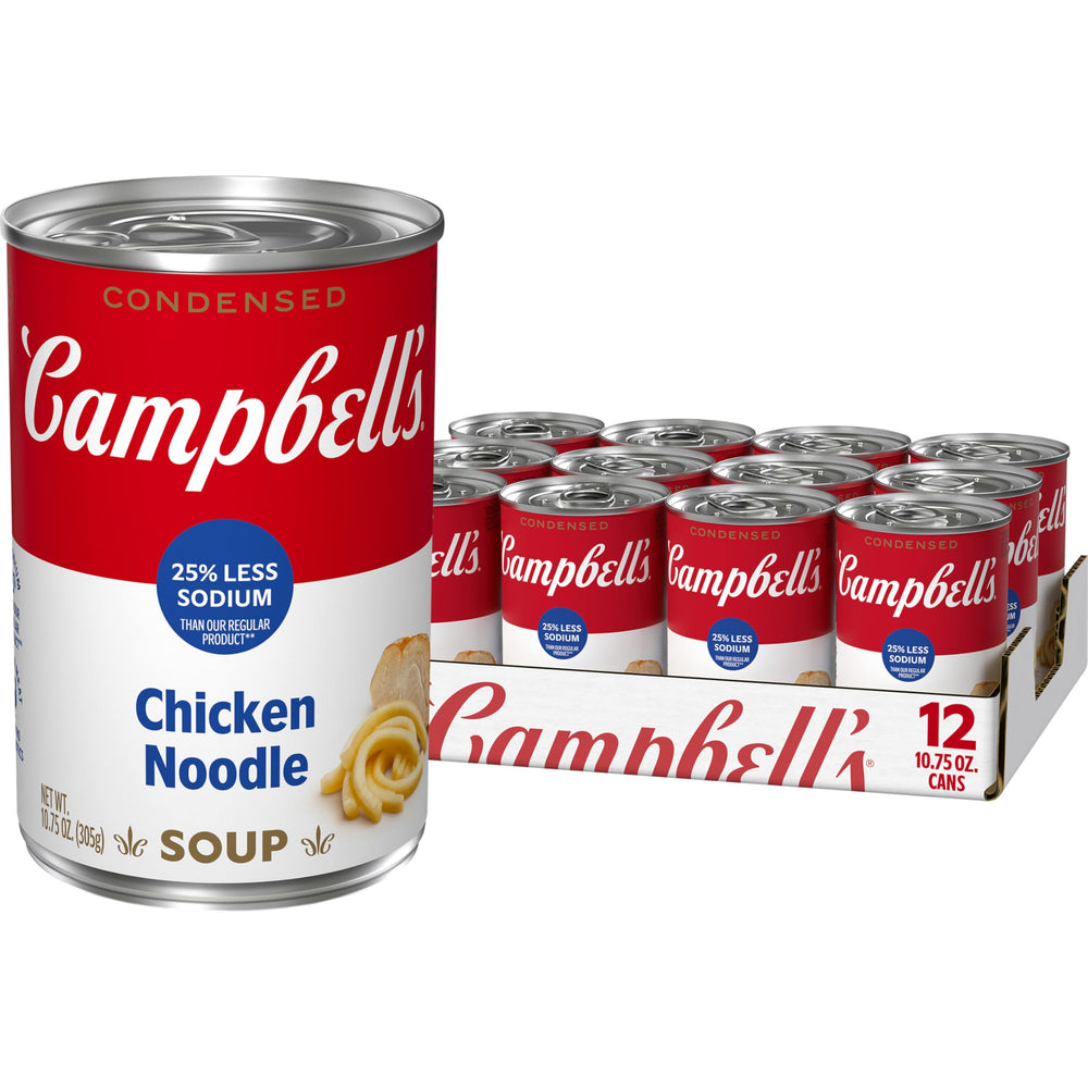 Campbell's 25% less sodium chicken noodle soup pack of 12 cans for easy meal planning