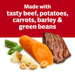 Close-up of carrots, potatoes, green beans in Campbell's Vegetable Beef Soup