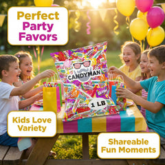 Candyman Candy Mix assorted flavors closeup highlights fruity chewy textures.