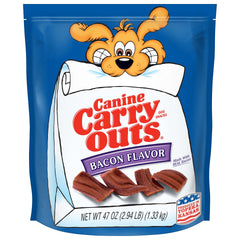Canine Carry Outs Bacon Flavor dog treats in a 47-ounce bag for daily rewards.