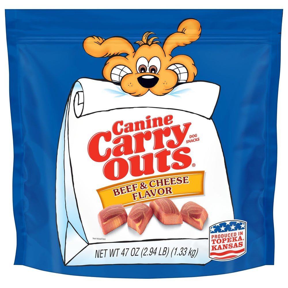 Canine Carry Outs beef & cheese treats in 47oz bag, appealing for daily rewards