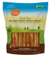Canine Naturals peanut butter chew packaging highlights rawhide-free formula for dogs.
