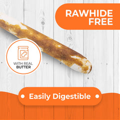 Canine Naturals rawhide-free chew stick close-up with real peanut butter coating.