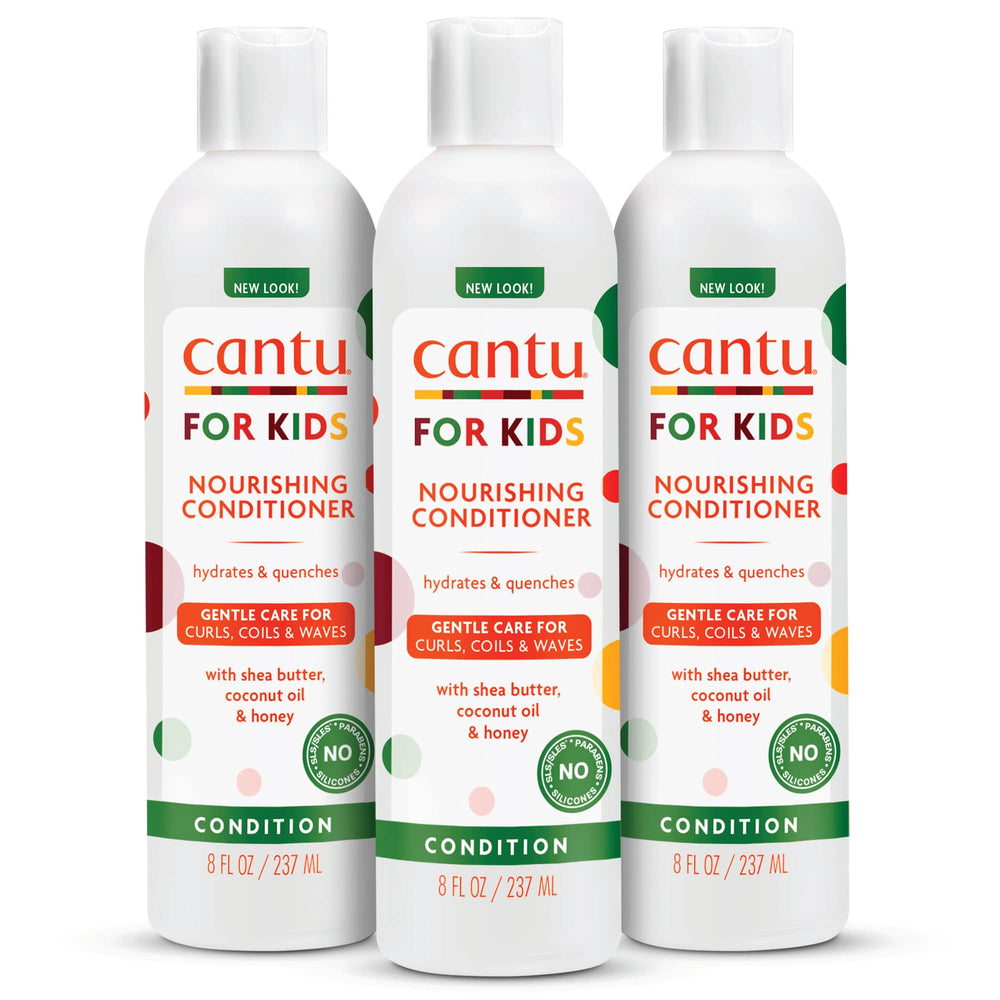 Cantu Care for Kids Nourishing Conditioner bottle on display for hydrated curls