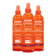 Cantu Comeback Curl next-day bottle shown for refreshed, hydrated curls.