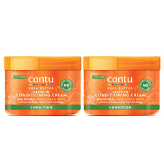 Cantu Leave-In Conditioning Cream bottle highlights pure shea butter for silky, frizz-free hair.