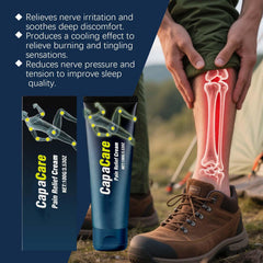 Capacare nerve cream applied to feet for targeted cooling and refreshment.