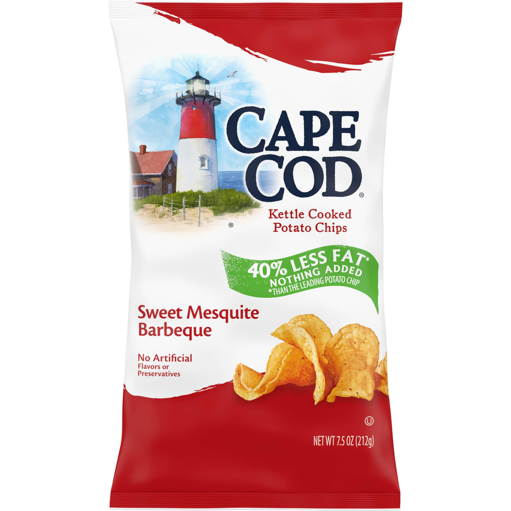 Cape Cod Less Fat Sweet Mesquite Barbeque chips bag front, bold flavor and 40% less fat