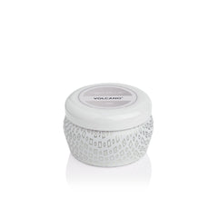 Capri Blue Volcano White mini tin candle with pour, travel-friendly fragrance option.