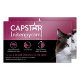 Capstar cat flea tablet pack demonstrates fast-acting flea relief for cats.