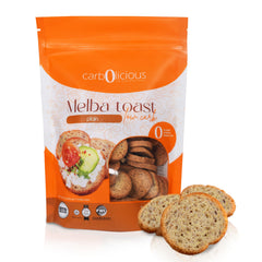 Carb-o-licious low-carb Melba toast plain 4oz package showing crisp bite ideal for snack time.