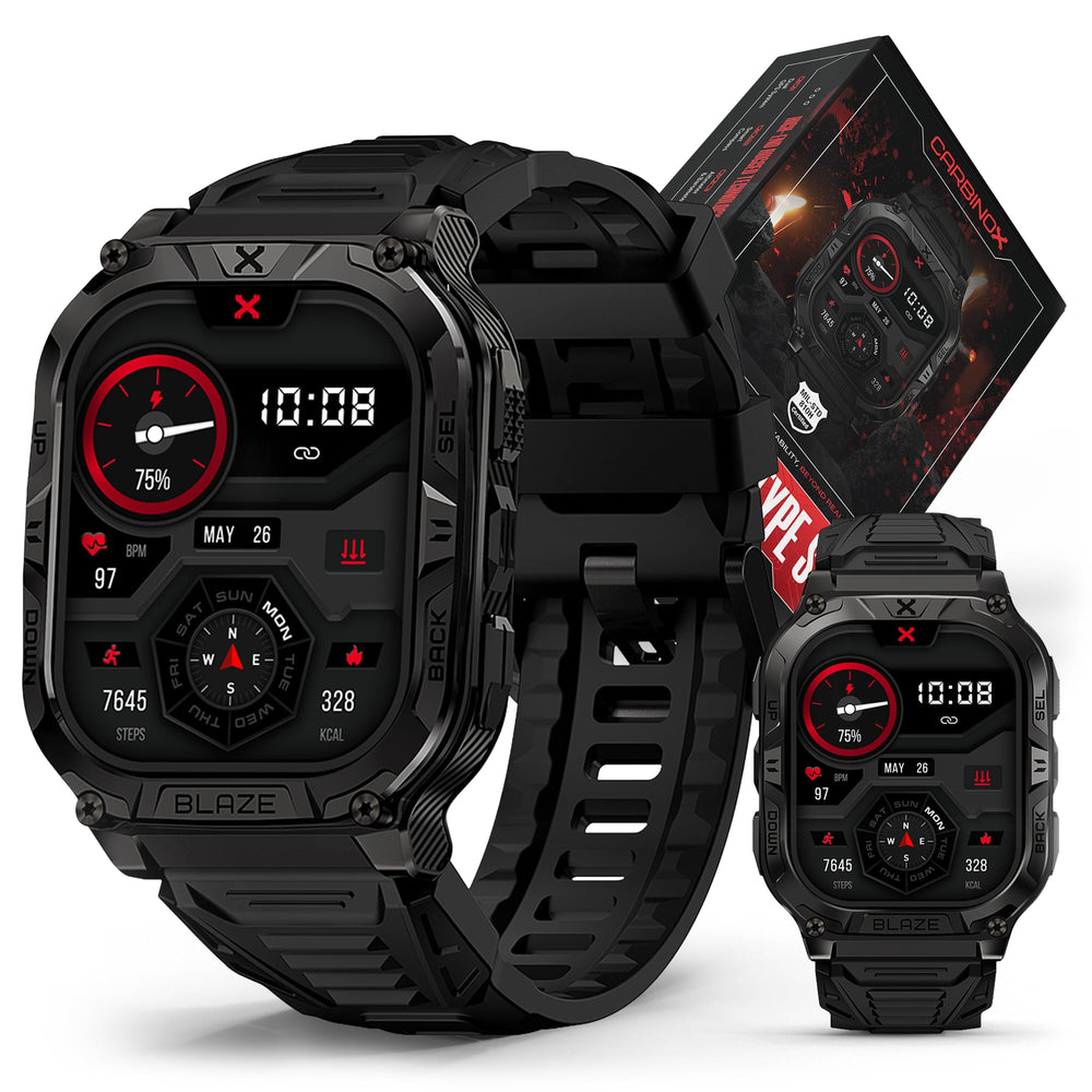 CARBINOX Blaze GPS map display shows precise route tracking on a rugged smartwatch.