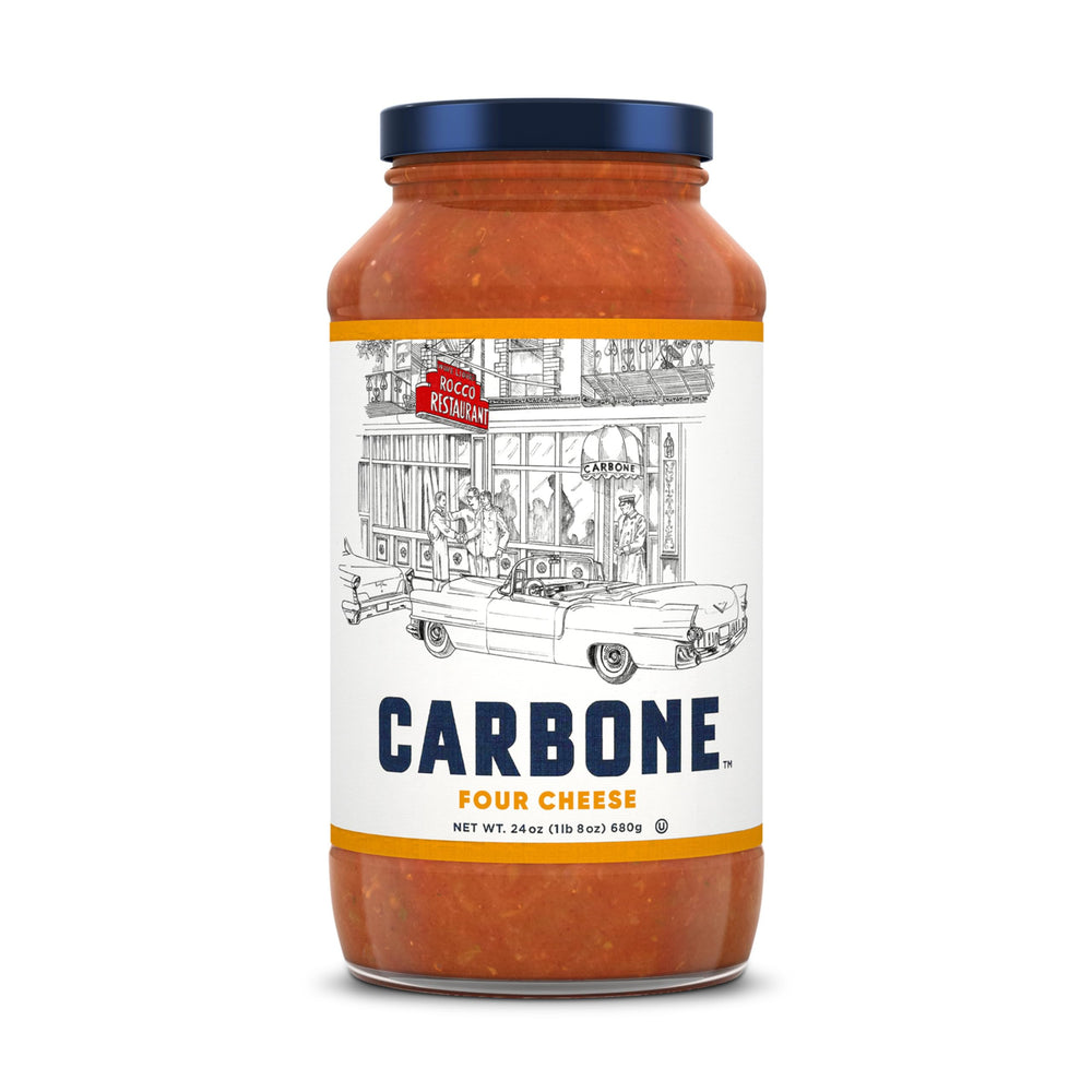 Carbone Four Cheese Pasta Sauce bottle showing rich texture for easy weeknight meals