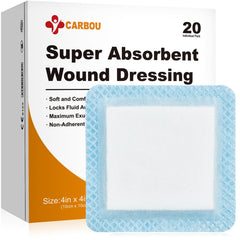 CARBOU 4x4 wound dressing showcases high absorbency for managing wound exudate effectively.