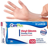Care Plus latex-free vinyl gloves, clear, extra-large, 100-count pack ready for quick kitchen prep