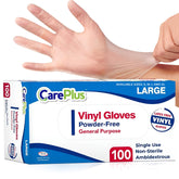 Care Plus latex-free vinyl gloves clear large for comfortable all-day wear and precise handling.