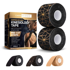 Care Science waterproof kinesiology tape pack with precut strips for versatile joint support