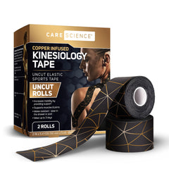 Care Science waterproof kinesiology tape two-roll pack provides athletic support during workouts.