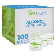 Care Touch 100-pack alcohol wipes with individually wrapped units for travel-ready hygiene on the go.