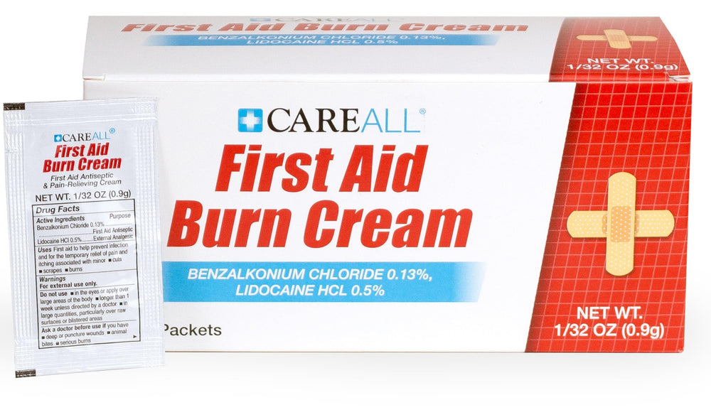 CareAll burn cream 0.9g packet packaging shows compact first aid solution.