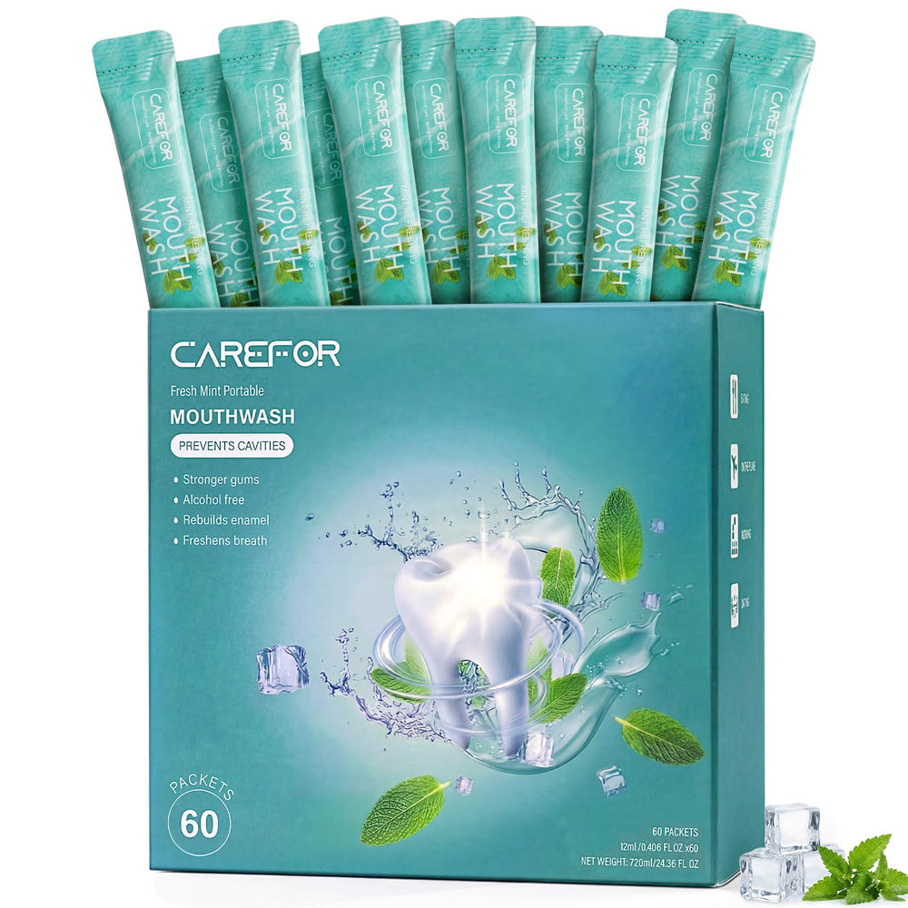 CAREFOR mouthwash travel-size packets shown for on-the-go freshness