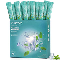 CAREFOR mouthwash travel-size packets shown for on-the-go freshness