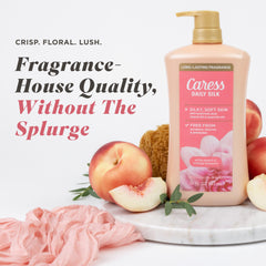 Caress Daily Silk white peach notes waft subtly, brightening your shower mood.
