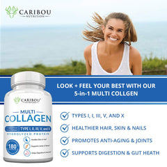 Label on Caribou Nutrition collagen showing Types I–X for a comprehensive blend.