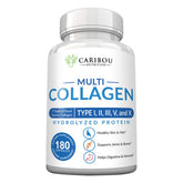 Caribou Nutrition multi collagen pills bottle with 180 capsules for joint and tissue support.