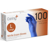 Caring nitrile exam gloves with textured fingertips for precise grip during medical tasks.