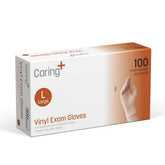 Caring vinyl exam gloves XL packaging for single-use protection.