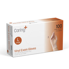 Caring vinyl exam gloves XL packaging for single-use protection.