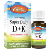 Carlson Super Daily D3 + K2 bottle pour showing easy daily intake for bone and dental health