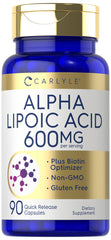Carlyle Alpha Lipoic Acid 600mg bottle highlights premium packaging for daily antioxidant support.