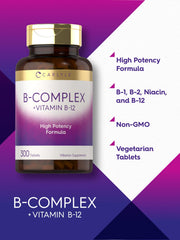 Carlyle B-Complex tablets close-up emphasizing B vitamins blend.