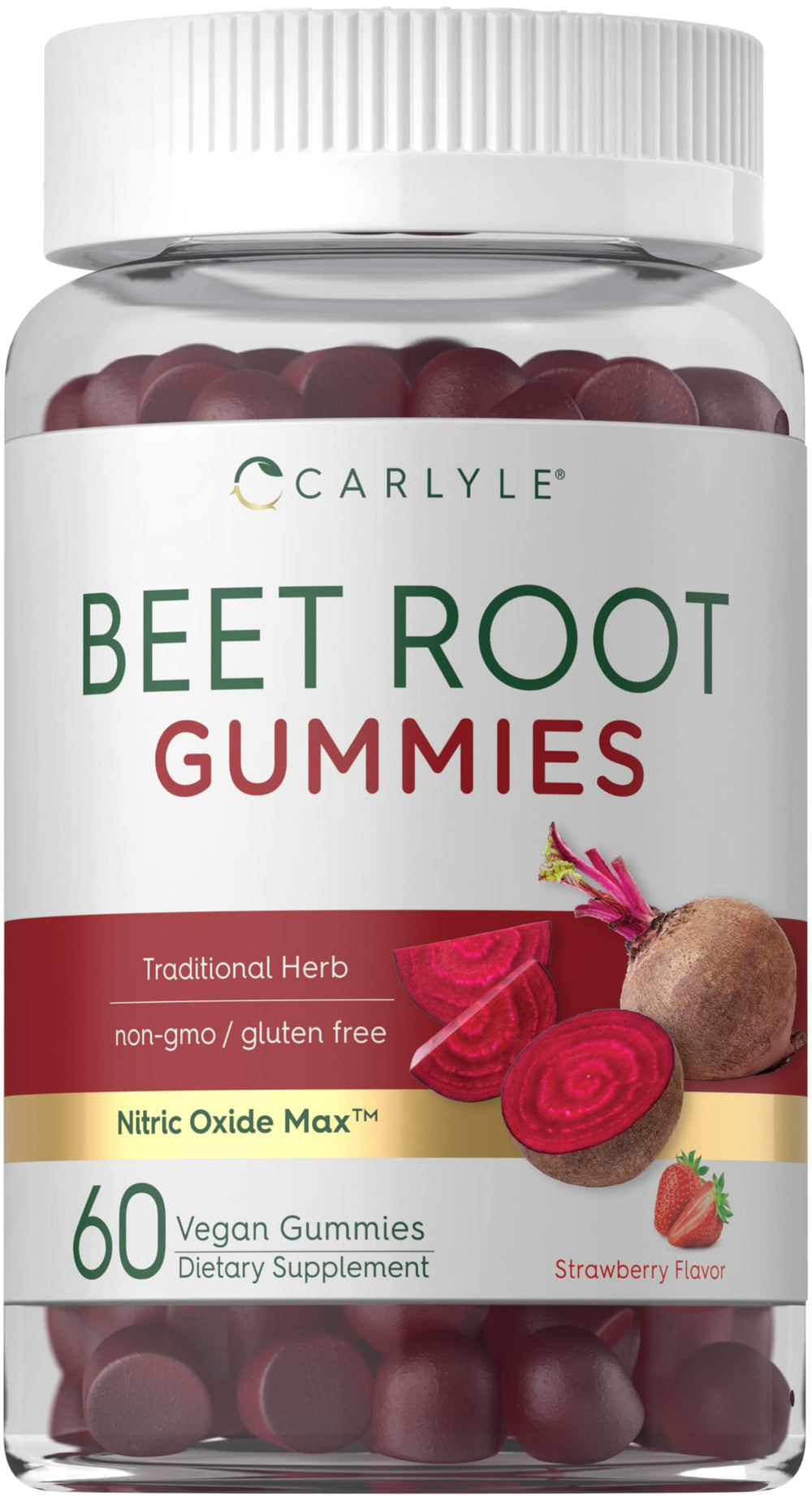 Carlyle Beet Root Gummies jar-front showing vegan strawberry flavor for daily wellness.