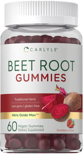 Carlyle Beet Root Gummies jar-front showing vegan strawberry flavor for daily wellness.