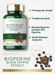Carlyle Bioperine back panel emphasizes 95 percent piperine standardization.