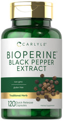 Carlyle Bioperine 10mg bottle shown for daily curcumin absorption support.