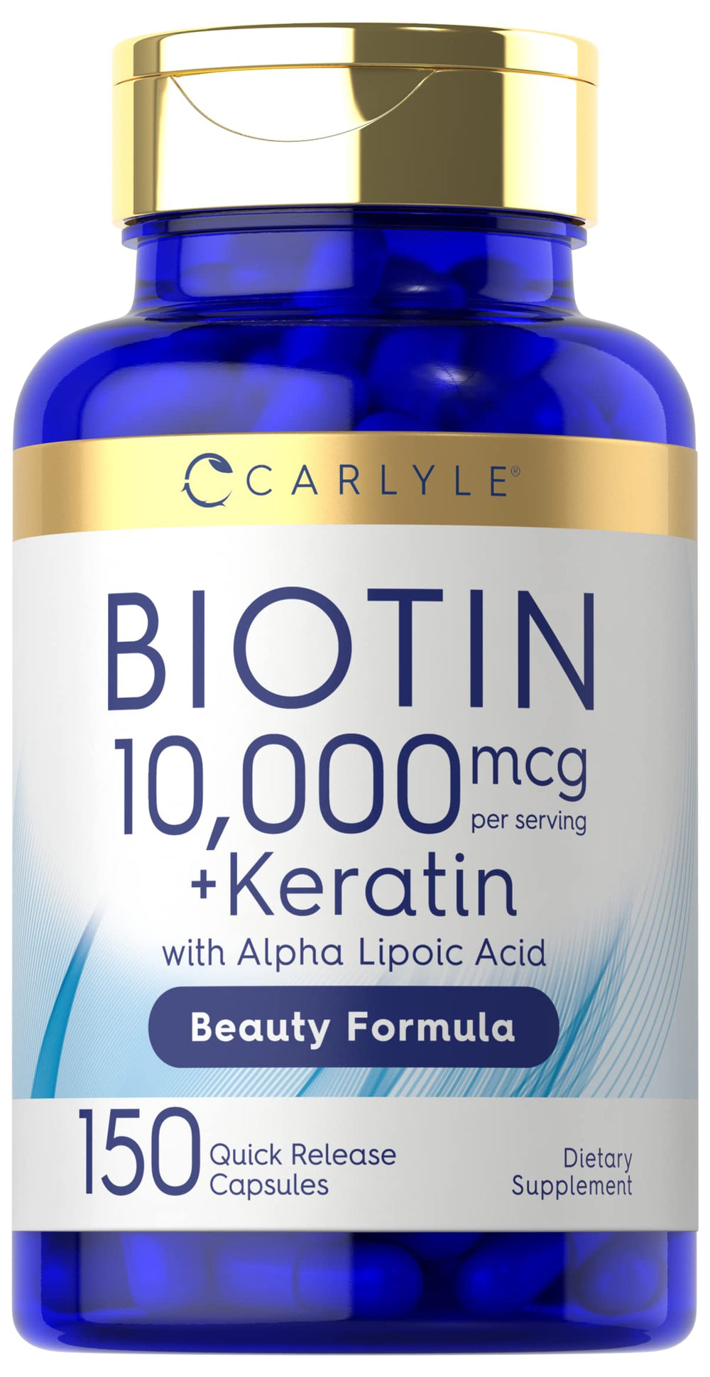 Carlyle Biotin 10000mcg bottle front highlights hair, skin, and nails support.