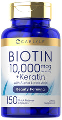 Carlyle Biotin 10000mcg bottle front highlights hair, skin, and nails support.