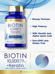 Carlyle Biotin 10000mcg bottle side view emphasizes gluten-free, non-GMO formulation.
