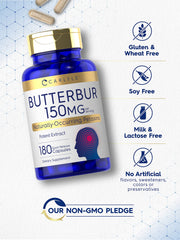 Carlyle Butterbur label closeup showcasing PA Free and non-GMO notes.