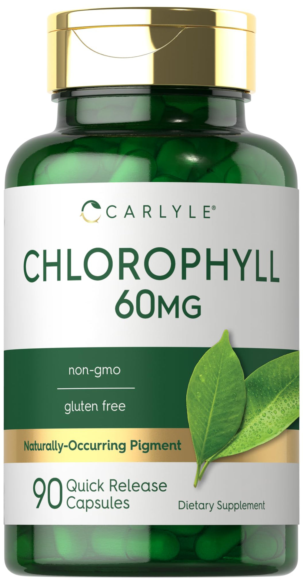 Carlyle Chlorophyll Pills bottle on countertop, gluten-free lifestyle support.